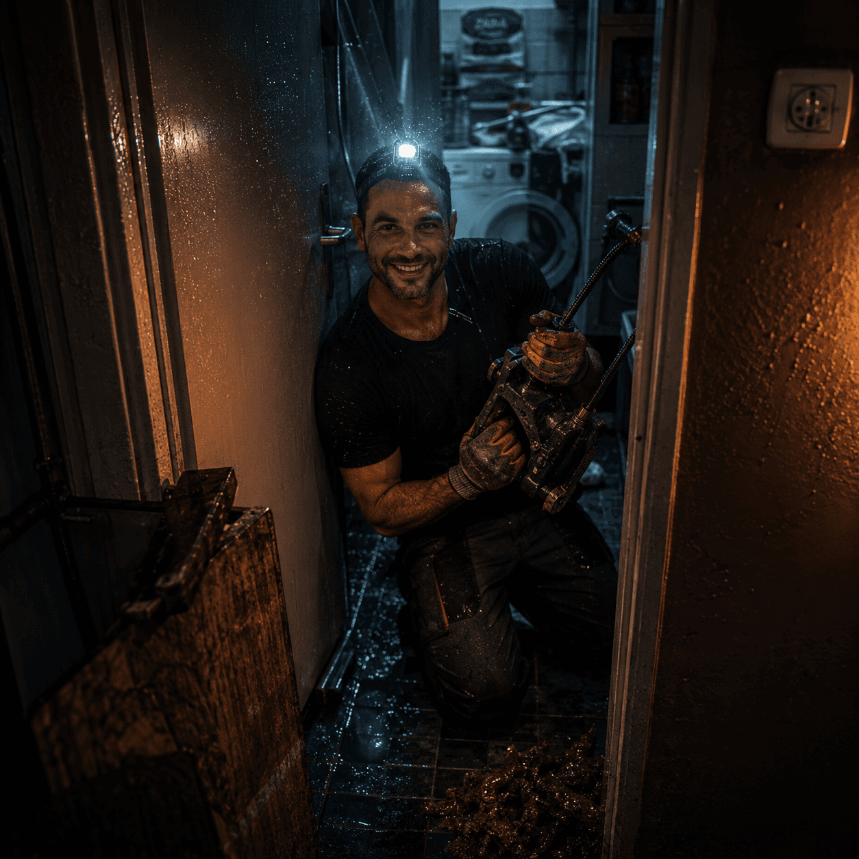 אינסטלטור מקצועי בעבודת שטח עם ציוד מתקדם